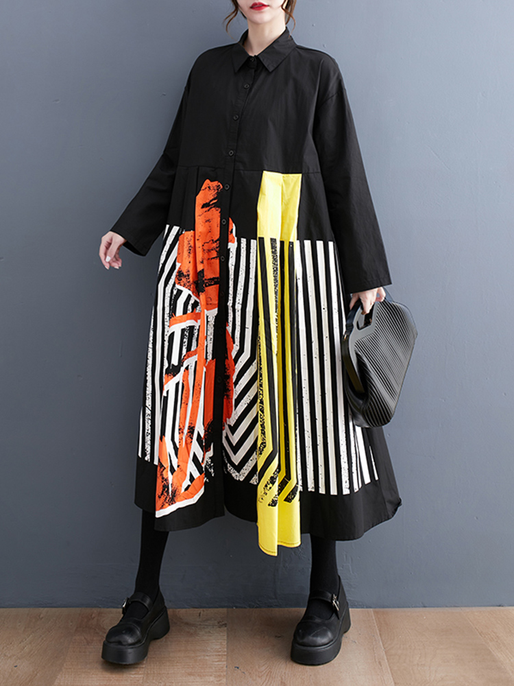 Robes à manches longues patchwork imprimées vintage pour femmes, robe midi décontractée ample, vêtements élégants et tendance, printemps automne 2026