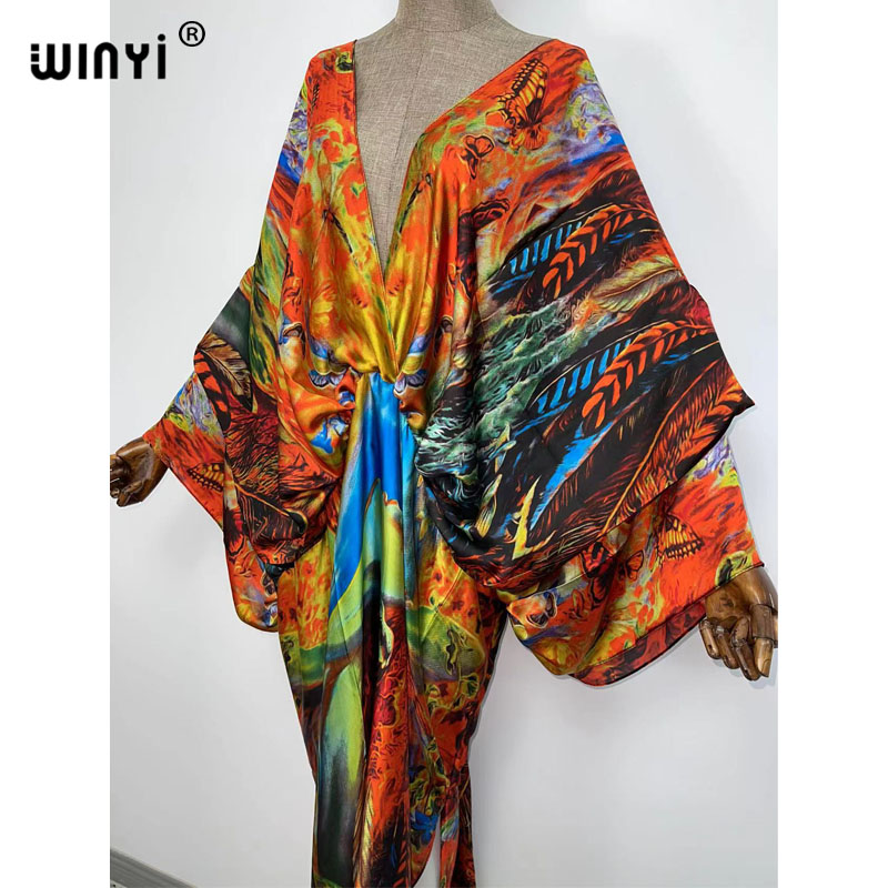 Robe longue de plage en soie, caftan, sensation de soie, rayonne, imprimé, à la mode, WINYI, Maxi, col en v, style bohème, 2021