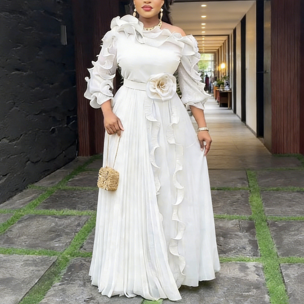 Nouvelle Robe en Chiffon Coupe Trapèze pour Femme Africaine, Épaule Unique, Manches Bouffantes, Volants Plissés, Superposée, Fleurs 3D, pour Invitée de Mariage, Occasion Spéciale, Événement
