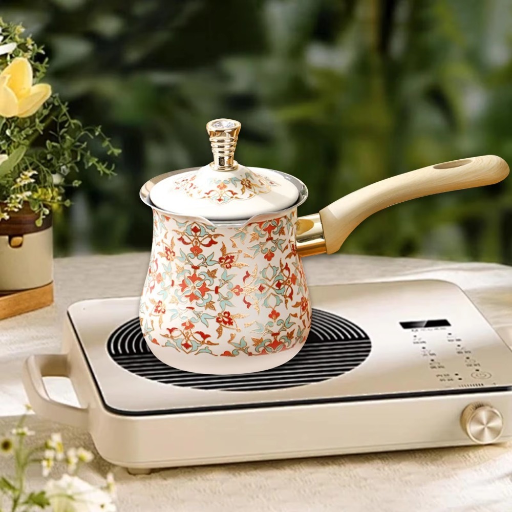 Cafetière turque 550 ml avec longue poignée en bois, style arabe, pot à faire fondre le beurre, en acier inoxydable, avec bec verseur en V, pot à lait et thé