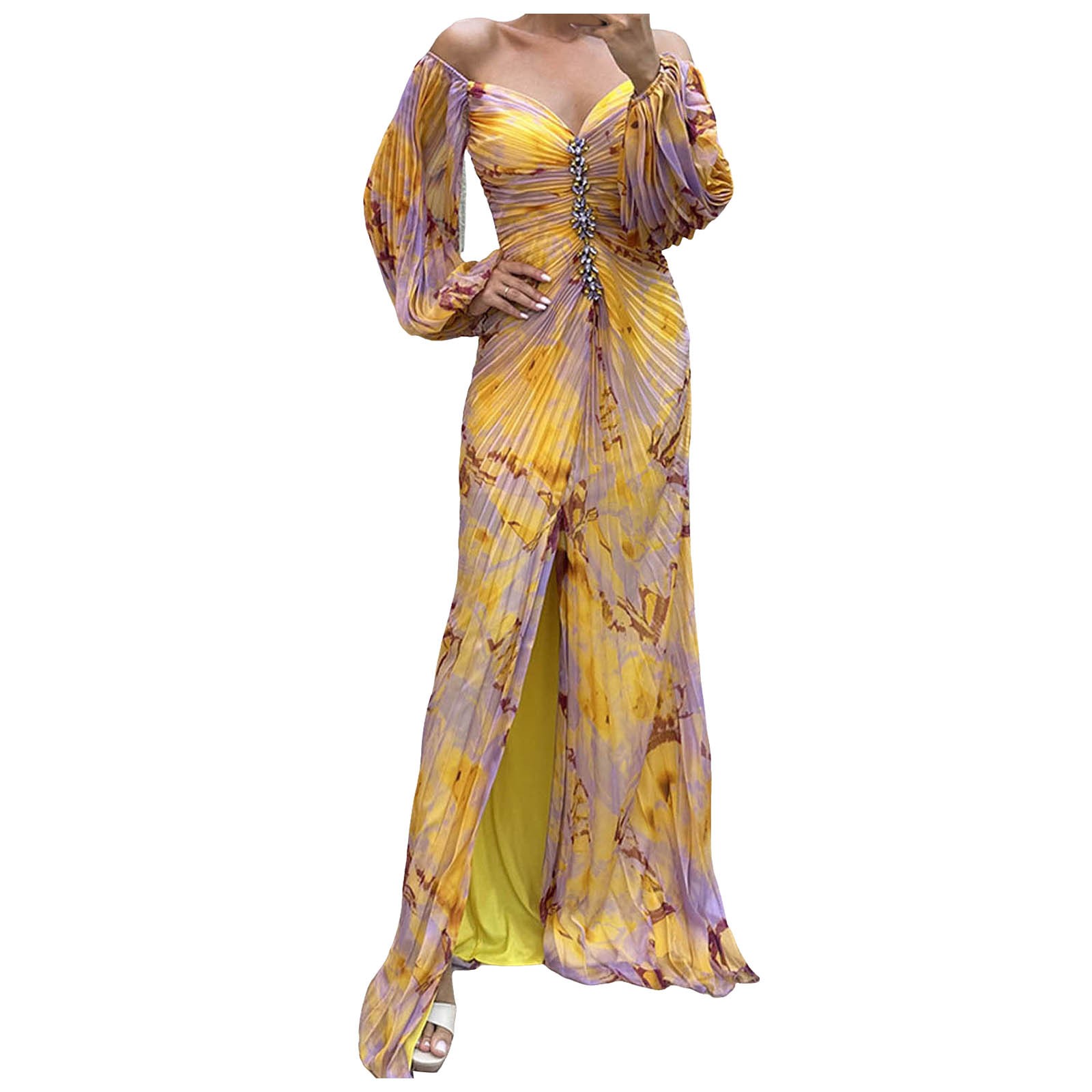 Robe de soirée pour femmes, épaules dénudées, manches longues, Sexy, ourlet à volants, fente haute sur le côté, robe longue de Cocktail