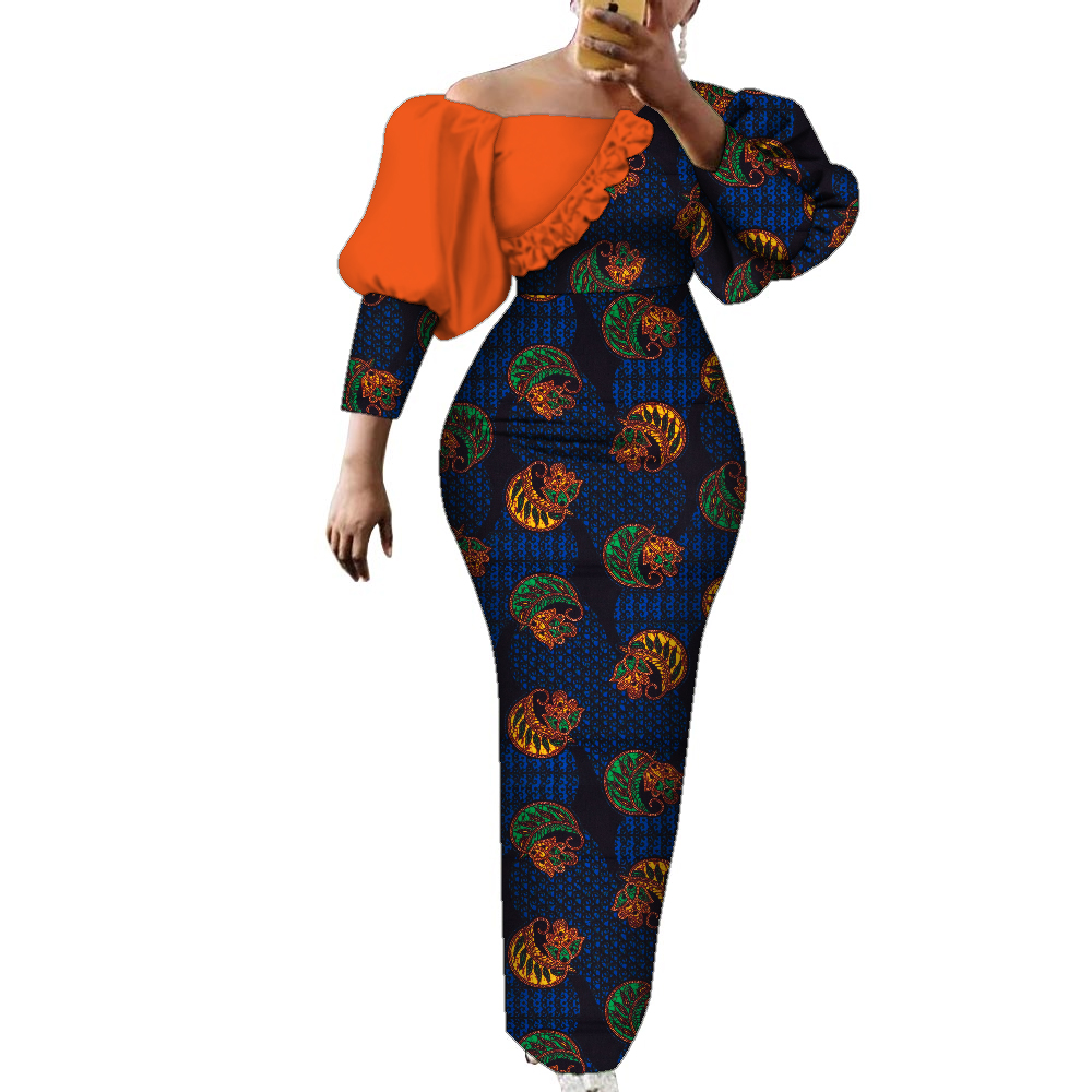 Robe de soirée en coton imprimé africain pour femmes, manches bouffantes, vêtements africains pour femmes, batterie élégante, longue robe de soirée, WY2122