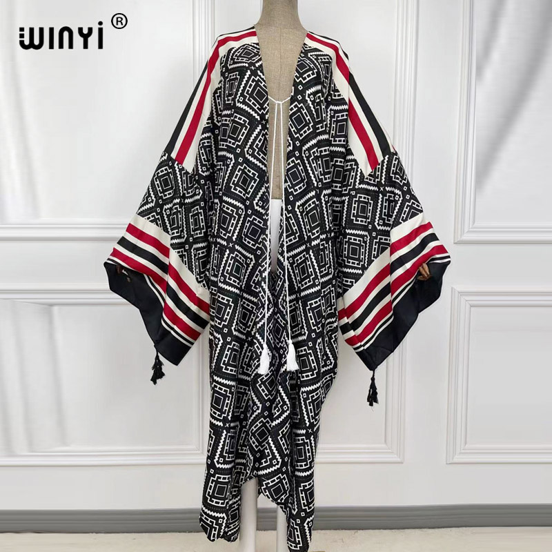 Robe kimono longue rose pour femmes, imprimé Boho, avec ceinture frontale, ouverte, tunique de plage, robes rondes