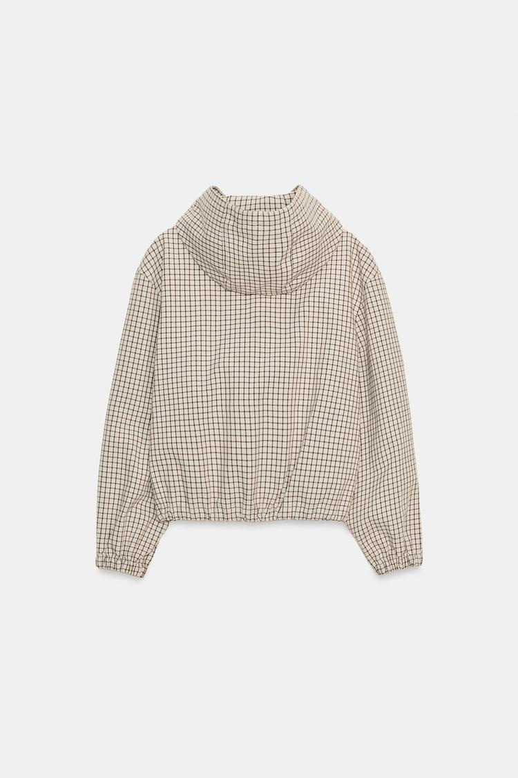 Vestes décontractées à capuche zippées pour femme, avec poche avant, motif écossais beige, ourlet à cordon de serrage, coupe-vent légers, streetwear printemps-automne