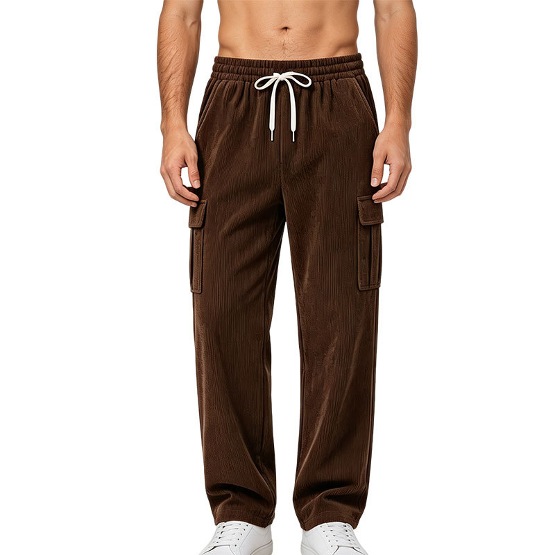 Pantalon cargo en velours côtelé pour homme, taille élastique avec cordon de serrage, multi-poches, coupe ample, décontracté, pantalon de sport pour usage quotidien et streetwear.