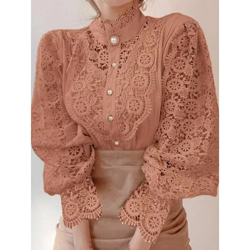 Chemisier Chic à manches longues et col haut pour femmes, haut élégant à manches creuses à panneaux en dentelle, tenues de bureau Vintage à la mode pour dames, nouvelle collection