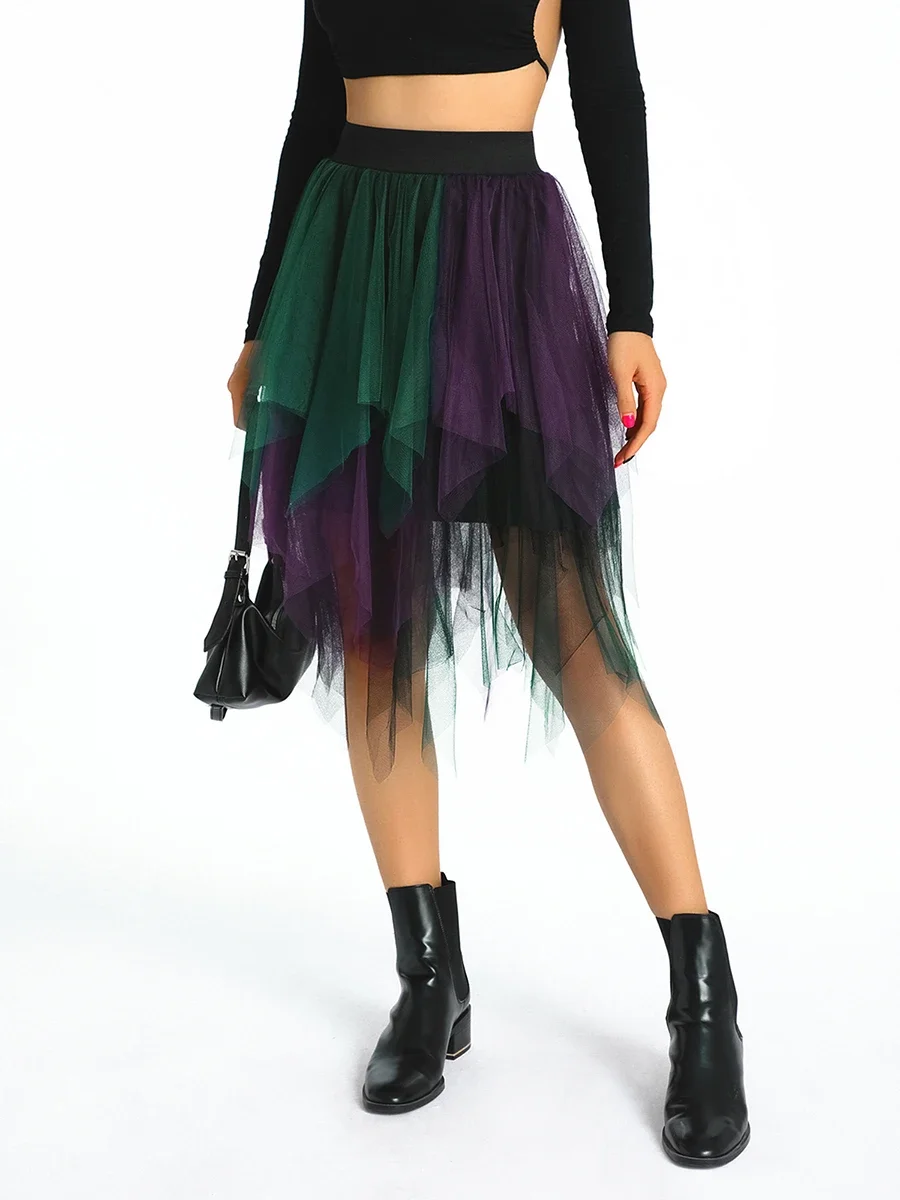 Jupes longues en tulle irrégulières pour femmes, taille haute élastique, maille superposée, tutu, jupes trapèze, mode bohème coréenne, jupes Y2K