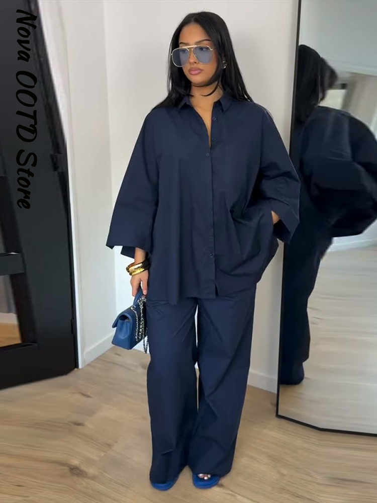 Ensemble chemise et pantalon amples pour femme, col à revers uni, simple boutonnage, manches longues, hauts amples, pantalon large, 2 pièces, tenue printemps 2026
