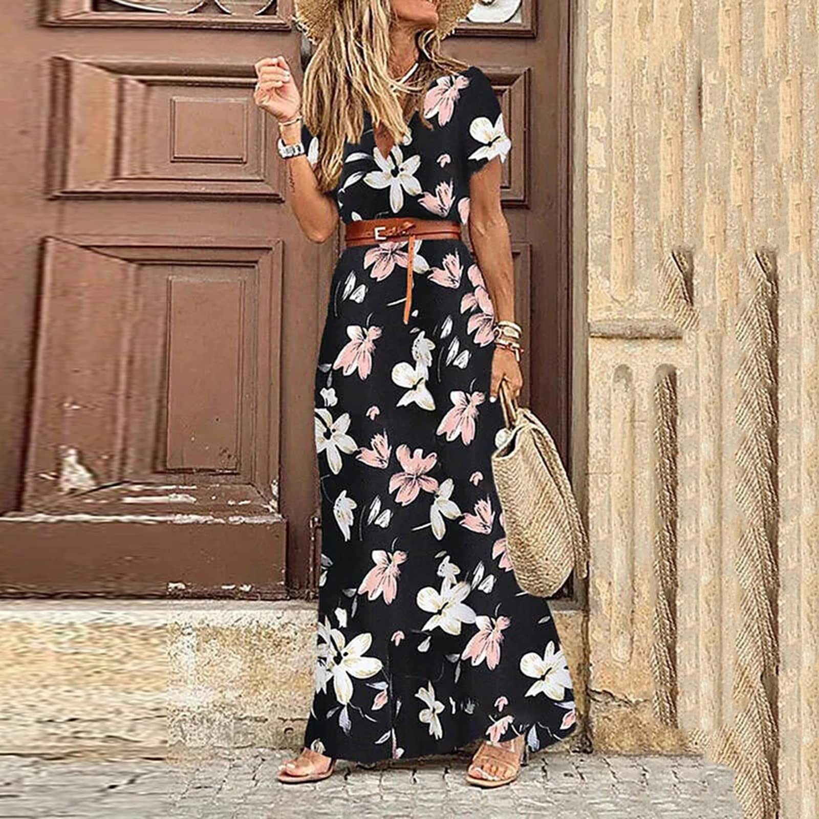 Jupe longue à manches courtes pour femmes, robe maxi florale pour dames, soirée bohème décontractée, jupe imprimée pour femmes