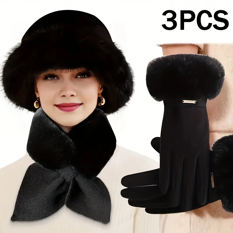 Ensemble de trois accessoires d'hiver pour femmes comprenant des gants en velours épais, des écharpes et des chapeaux adaptés aux températures froides