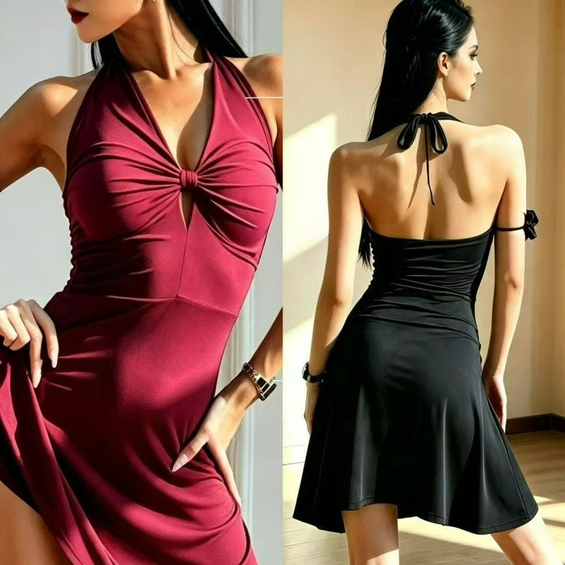 Robe de danse latine pour femme, col halter en V, dos nu, jupe à nouer, tenue de performance Cha Cha Rumba, tenue d'entraînement Salsa