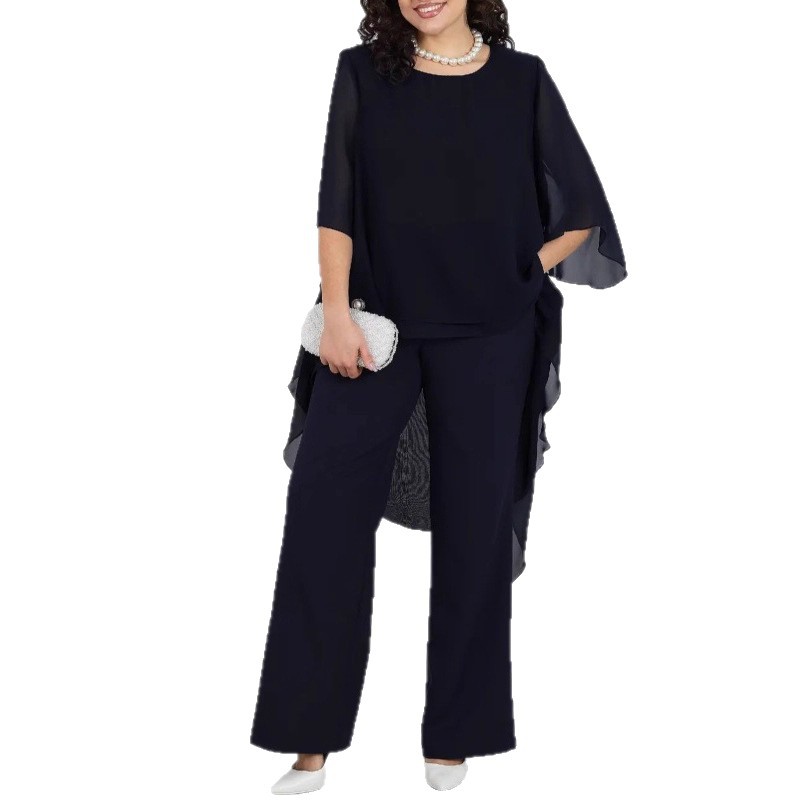 Ensemble haut en mousseline de soie pour femmes, ensemble 2 pièces, manches trois quarts, col rond, couleur unie, vêtements élégants