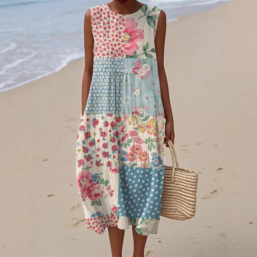 Robe longue pour femmes, imprimé Floral, col rond, sans manches, épissure élégante, Y2k, Streetwear, décontractée, ample, travail, été