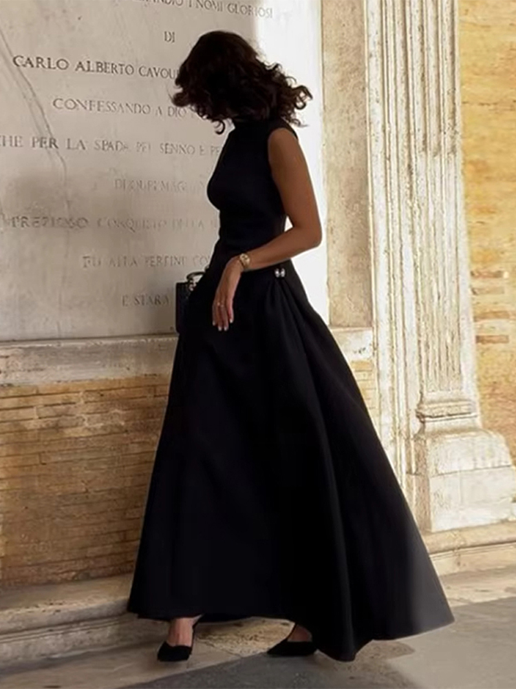 Robe Longue Élégante à Col Haut pour Femme, Chic, Couleur Unie, Plis en Fibre, Forme Trapèze Irrégulière, Tenue de Soirée, Printemps et Été, 2025
