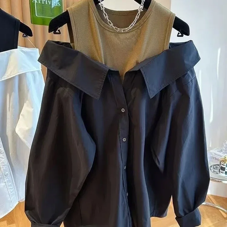 Mode coréenne chemisiers à épaules dénudées femmes mince réservoir ample épissé chemises à manches longues automne col rond femmes chemise Рубаrien Ж Dien Döncud