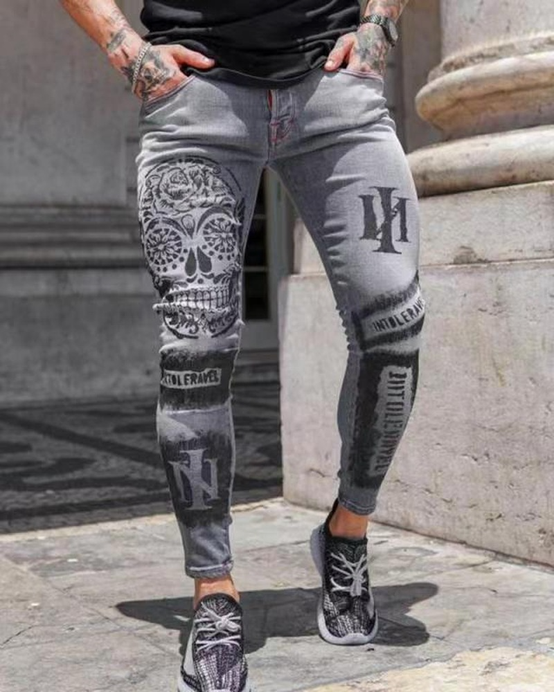 Jean extensible pour hommes à la mode pantalons décontractés mince imprimé gris jean hommes mode imprimé jean hommes crayon pantalon jean Slim hommes