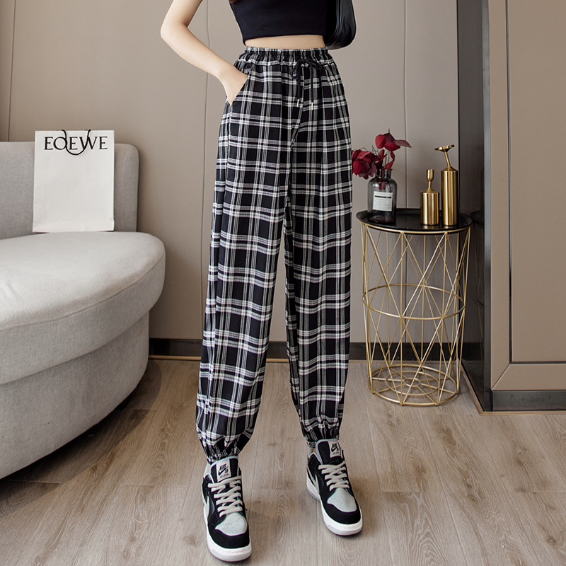 Pantalons femmes nouveau bouquet de pieds mode ample noir Plaid été Harajuku étudiants Streetwear sarouel pantalons longs femmes Chic