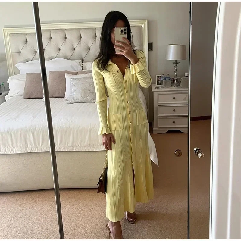Robe tricotée d'hiver pour femmes, manches longues, volants, simple boutonnage, robes longues de fête, pull à la mode, nouvelle collection 2025