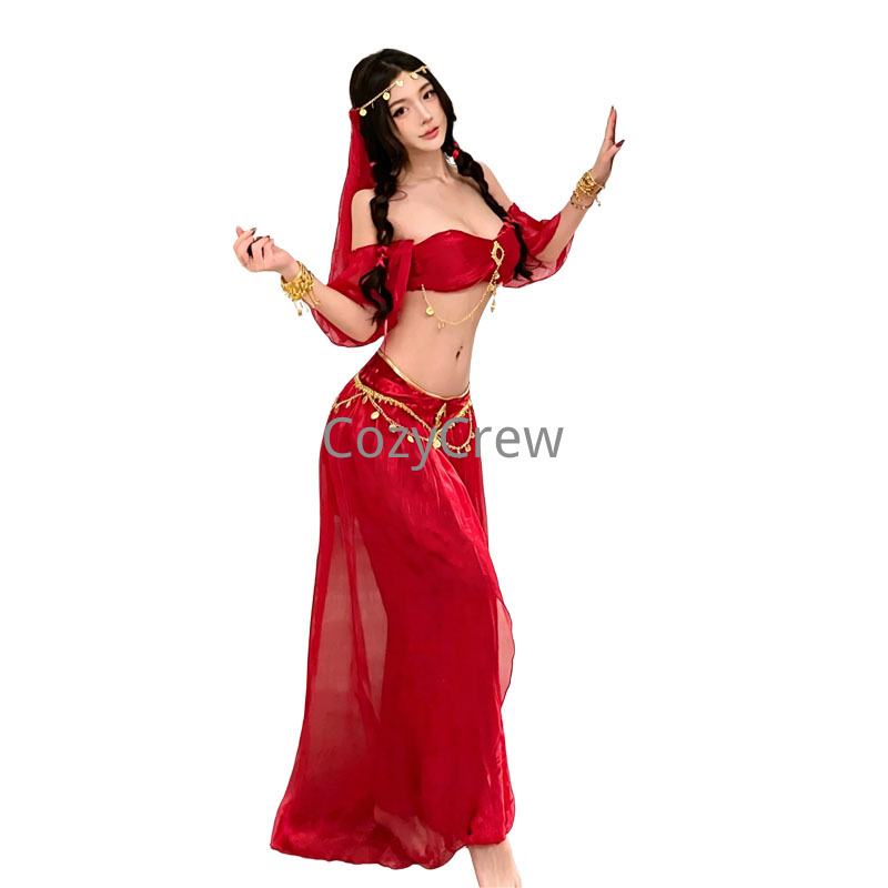 Costume de princesse arabe pour femmes, tenue de danse du ventre rouge, ensemble de cosplay pour fête d'Halloween, haut à épaules dénudées, jupe longue, foulard, style gypsy