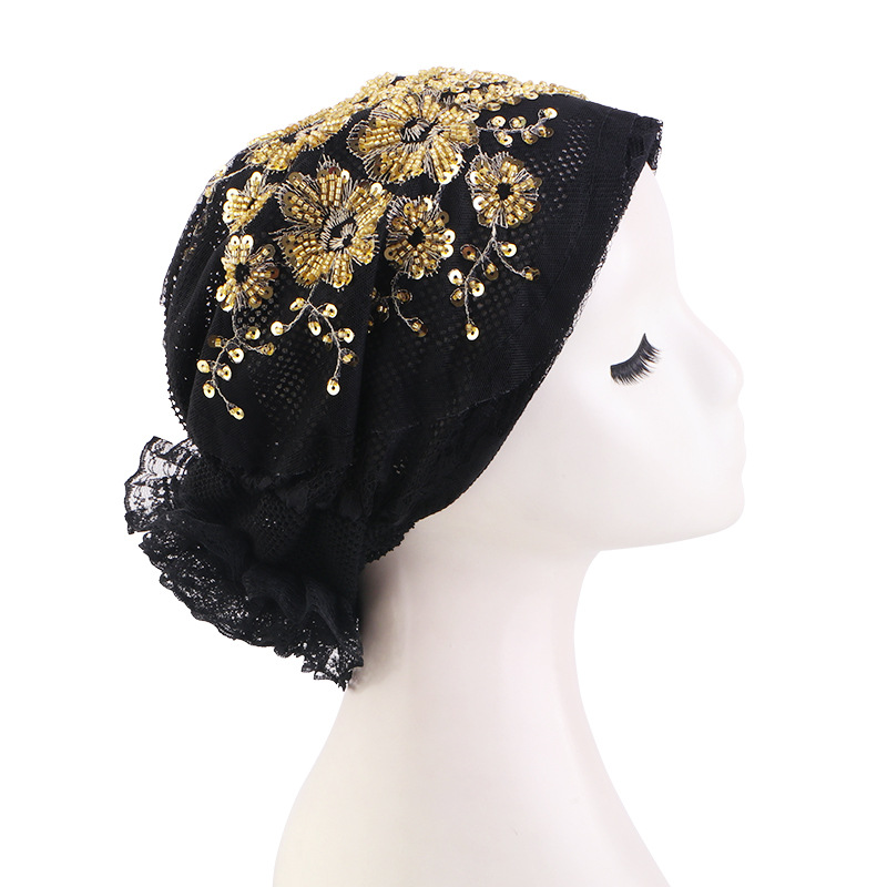 Turban en dentelle fleurie brodée pour femme, foulard musulman, bonnets, hijabs intérieurs prêts à porter