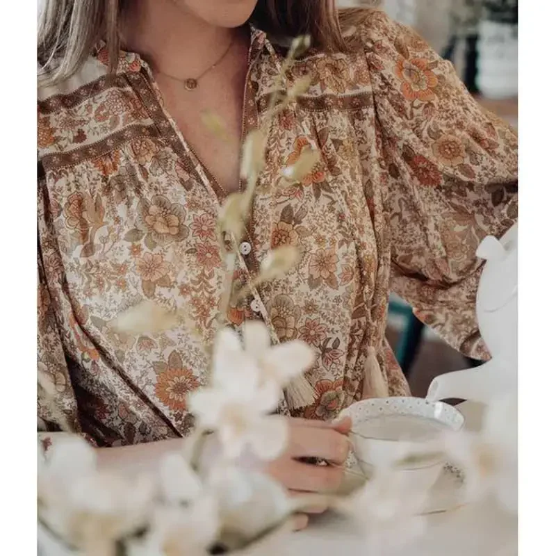 Chemisier Boho Super Chic pour Femme, Imprimé Floral, lèvent, Col en V, Pompon, Automne, Manches sulf, Chemise, Médicaments, Vacances