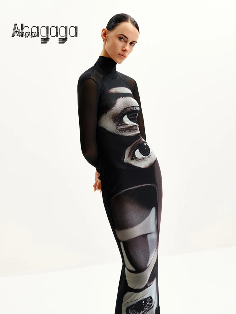 Ahagaga mode femmes Maxi robes imprimé col roulé manches longues régulières gaine coupe ajustée yeux casual Streetwear robes