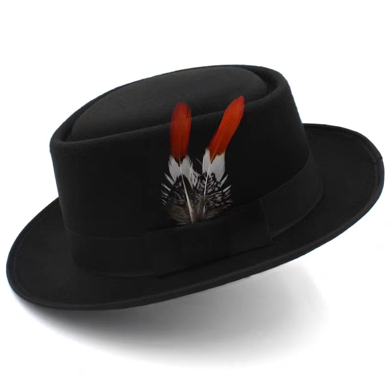 Chapeaux de Porkhelicopter en plumes pour hommes, Fedora noir solide, chapeaux d'affaires vintage, Gentleman Fashion, At Brero Hombre Chapeu Mascul37Show