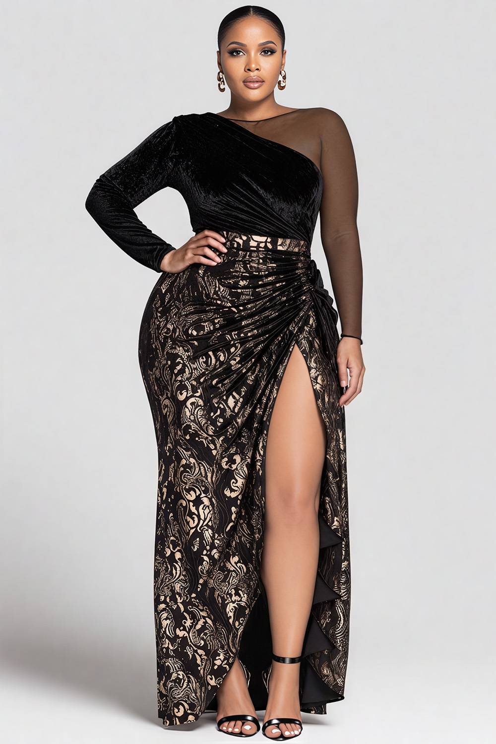 Grande taille formelle noir partout imprimé col rond manches longues contraste élégant fendu velours Maxi robes