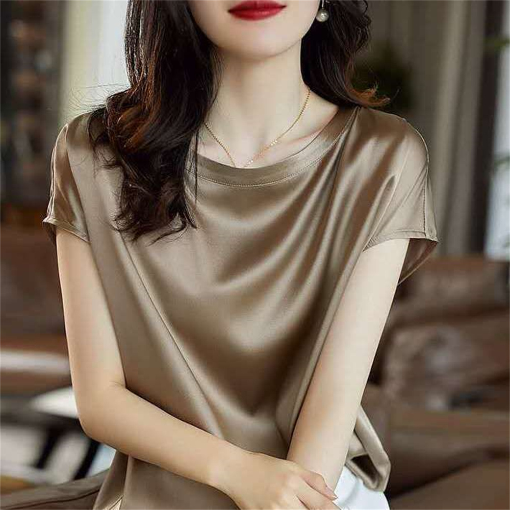 Chemises en satin de soie pour femmes, t-shirts à manches courtes lisses et brillants, chemisiers pull décontractés, amples et élégants, hauts de travail