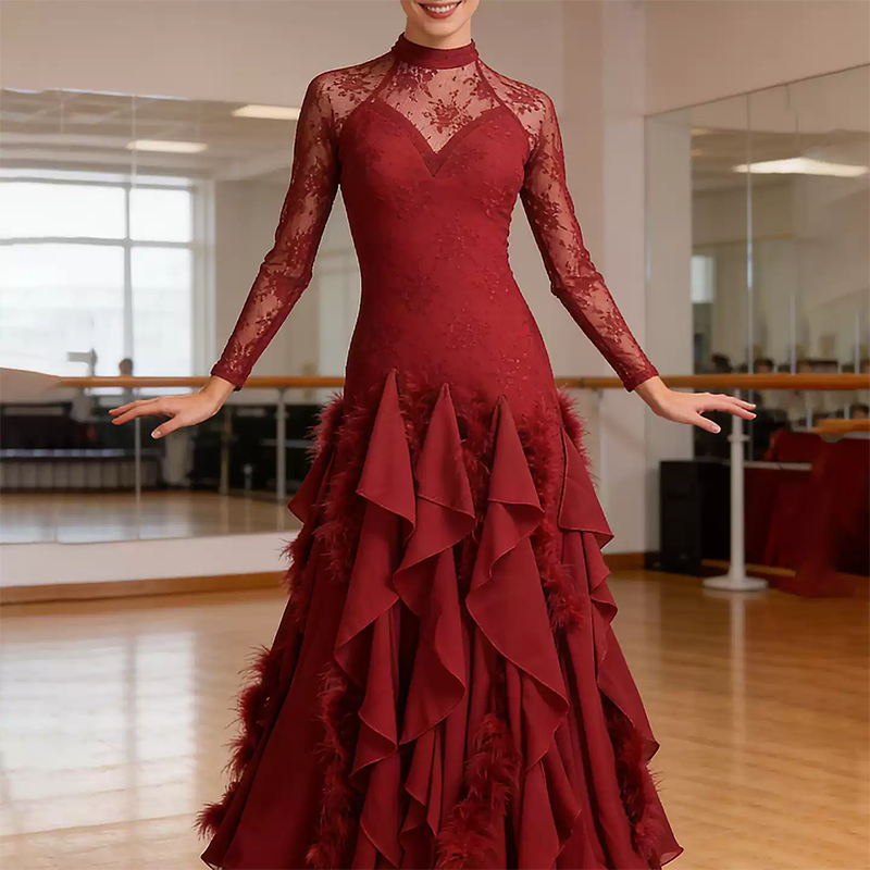 Robe de danse moderne à manches en dentelle, robes de compétition de danse de salon pour femmes, jupe à grand balançoire pour la danse de valse, costumes de performance standard