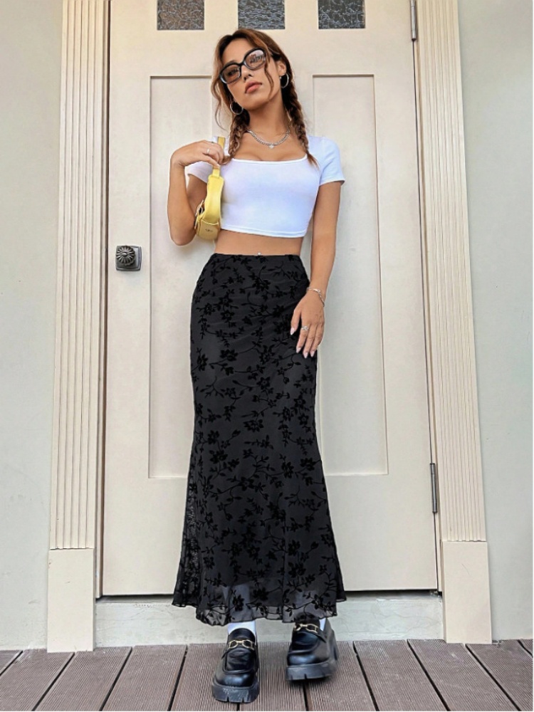 Jupe longue élégante noire pour femme, printemps 2026, décontractée, à fleurs, coupe ajustée, style sirène