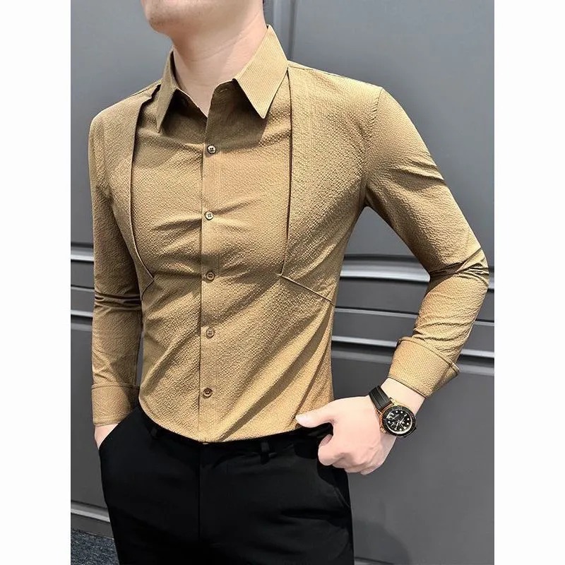 Chemise homme slim fit à manches longues, texture jacquard, col à revers, boutonnée, style business décontracté