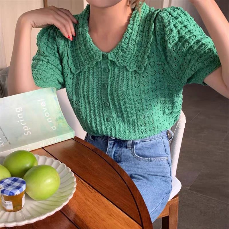 Cardigan à boutons pour femmes, T-shirt à manches courtes, simple boutonnage, col Peter Pan, nouveaux hauts d'été