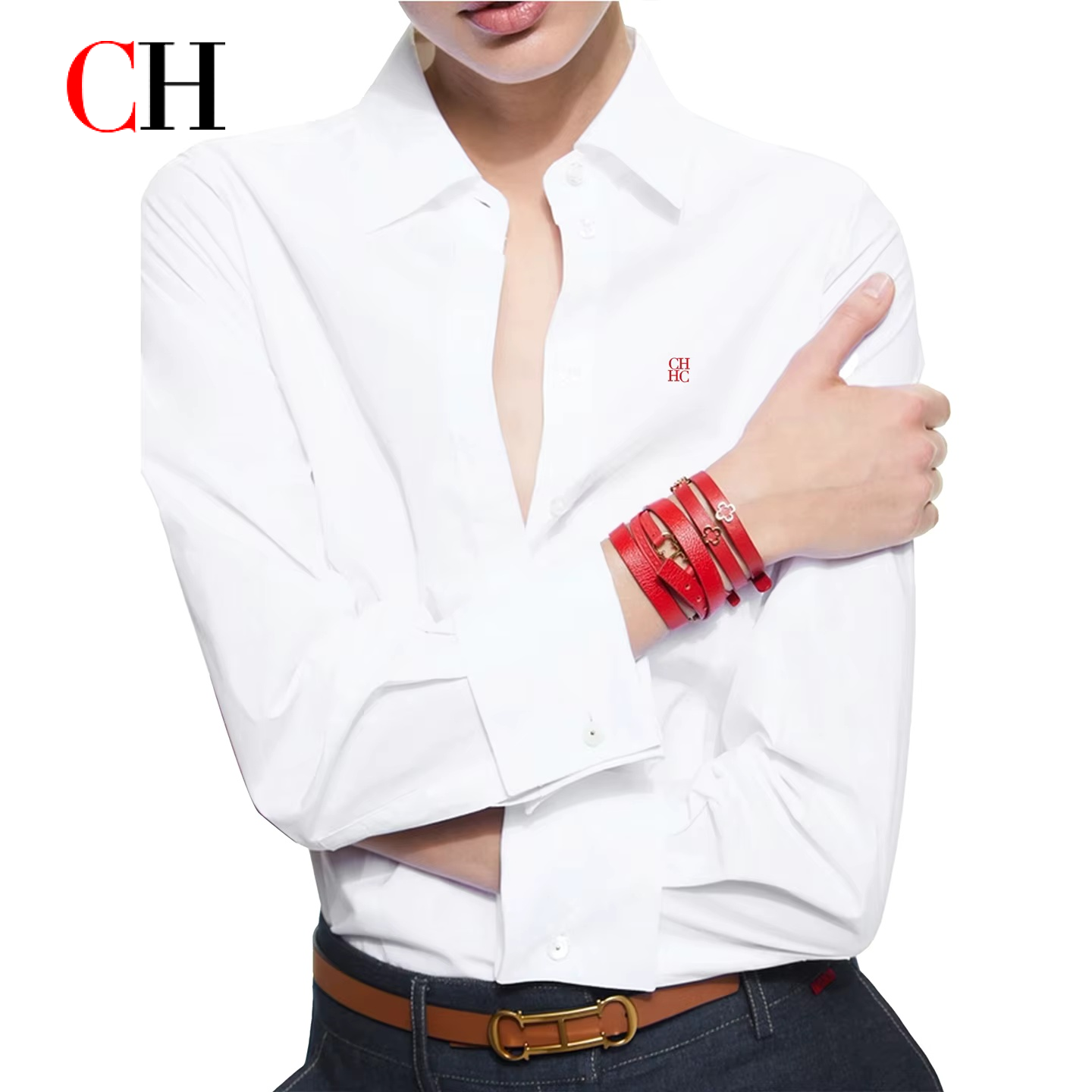 Vêtements pour femmes CH - Chemise blanche boutonnée pour femmes avec logo CHHC brodé, manches longues, décontractée, formelle, pour le bureau