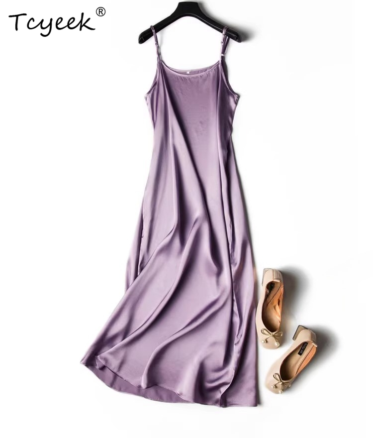 Tcyeek – robe sexy en soie de mûrier naturelle pour femmes, robes élégantes pour femmes, robe longue, vêtements d'été, couleur unie, 19MM