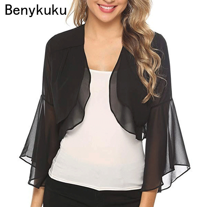 Cardigan en mousseline de soie pour femmes, veste de fête de mariage, robe de patients, couvertures, enveloppes, haut court, volants, manches évasées, châle, été