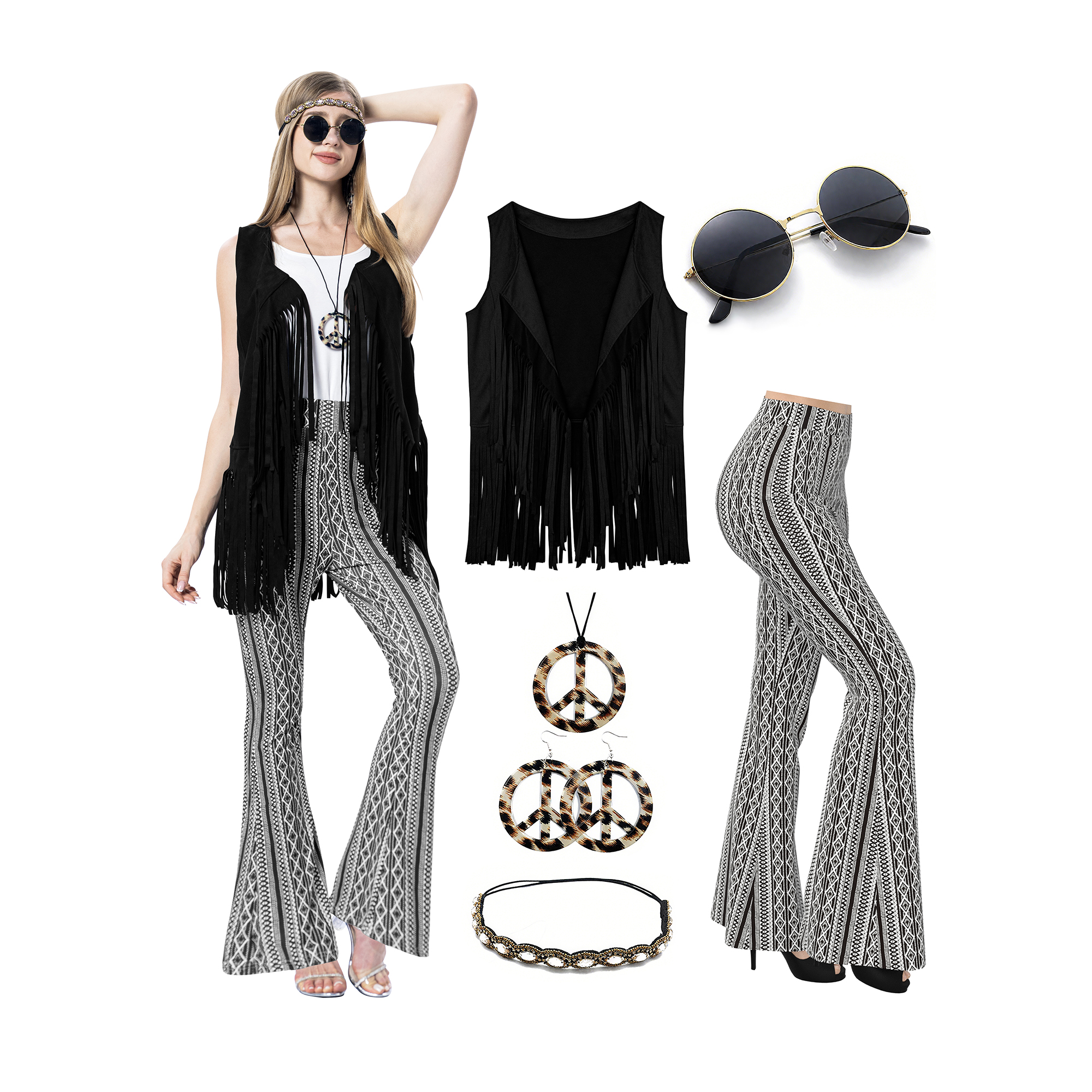 Tenues pour femmes des années 60 et 70, costume hippie rétro, gilet à franges avec signe de paix, ensemble de pantalons évasés pour fête d'Halloween