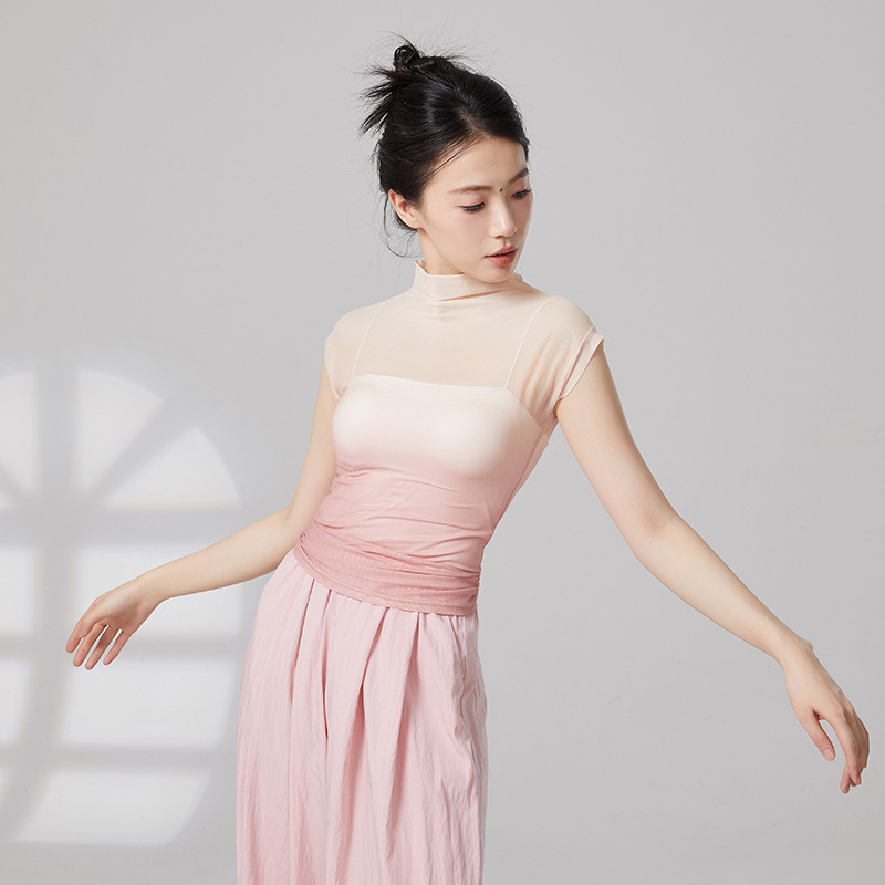Haut en gaze sans manches pour femmes, maille transparente dégradée, chemise sexy, col haut, tenue de ballet classique moderne, vêtements d'entraînement, nouveau
