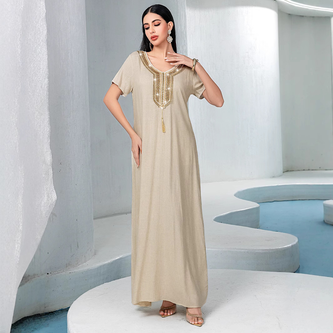 Ensemble 2 pièces tendance pour femme musulmane du Moyen-Orient : Manteau et robe intérieure en coton et lin, brodés de perles, couleur abricot, style simple et basique