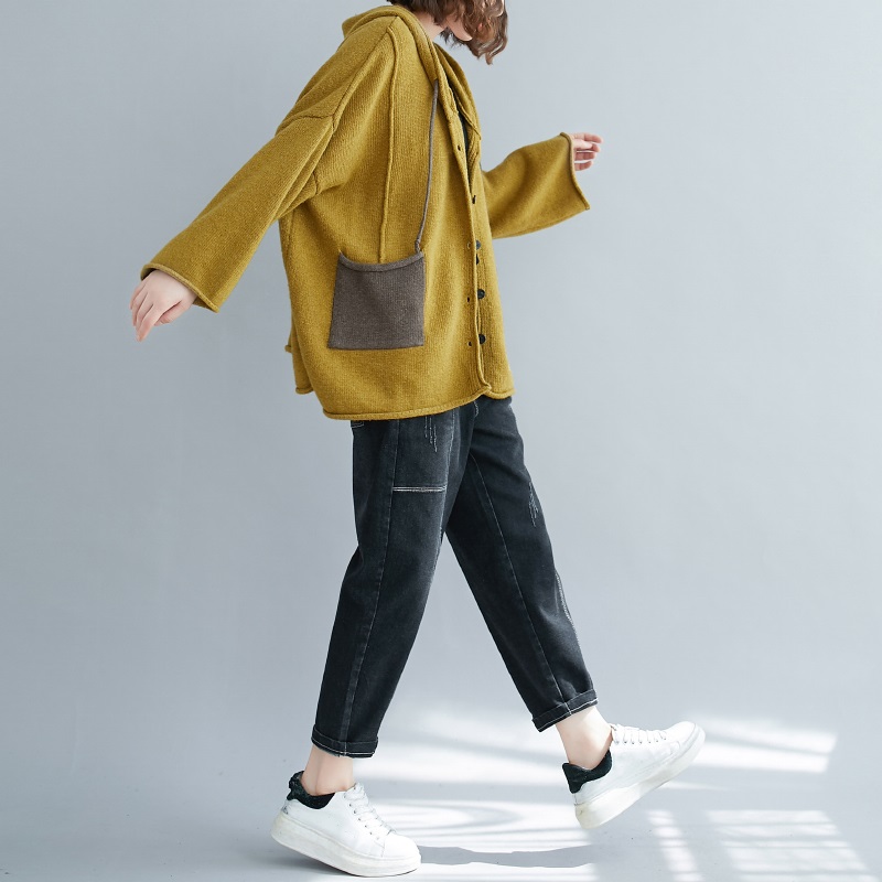 Cardigan ample à capuche en coton tricoté style vintage pour femme, collection automne 2026