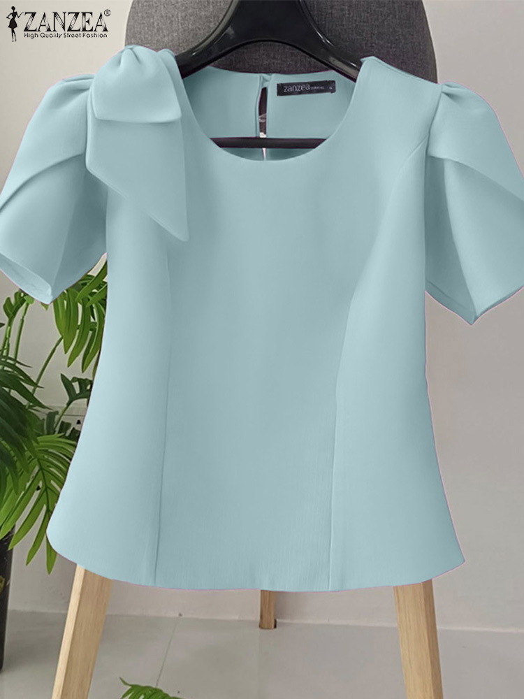Femmes Blouse ZANZEA élégant bureau dame été manches courtes bouffantes nœud mode chemises 2025 décontracté couleur unie hauts tunique Blusas