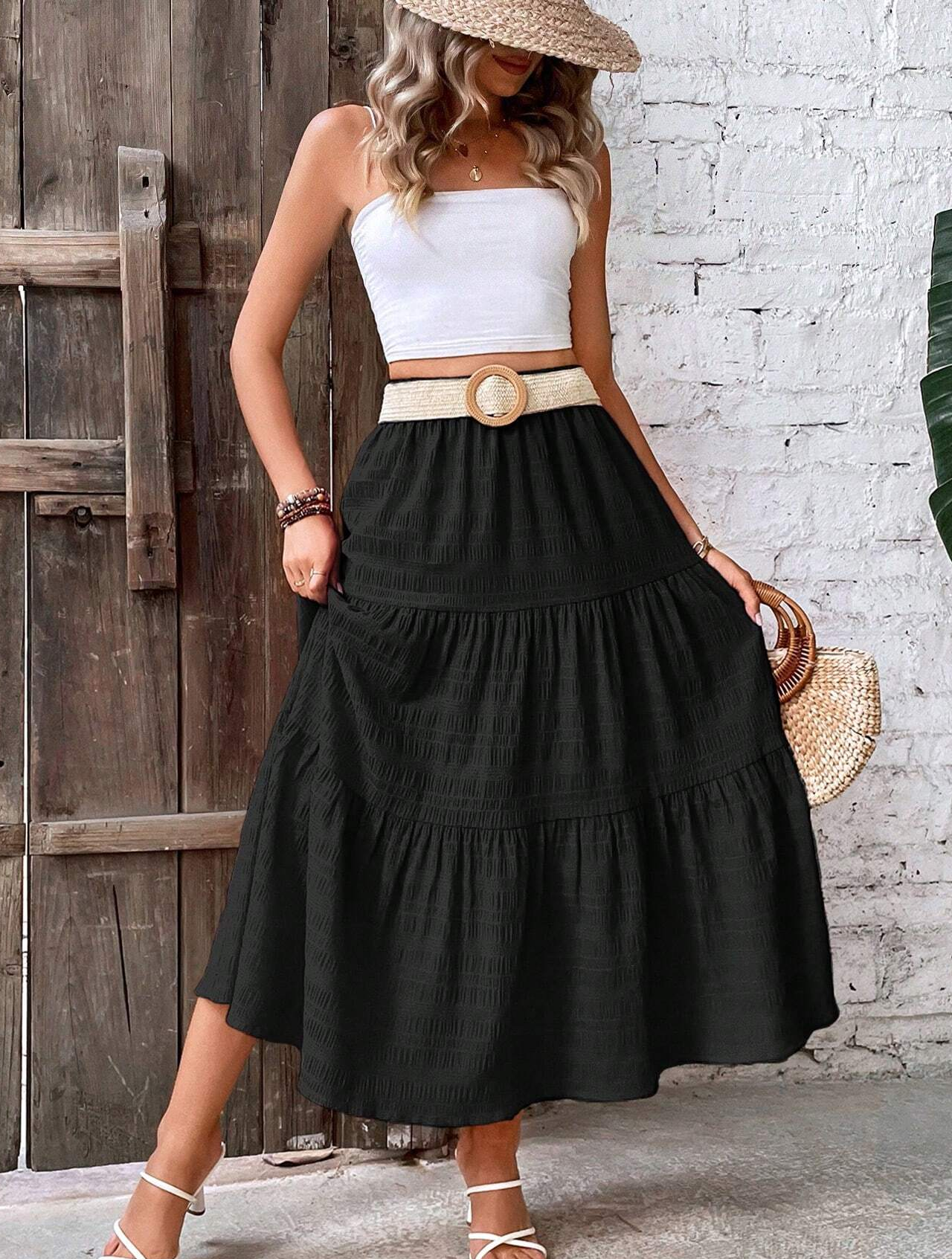 Jupe évasée texturée de couleur unie pour femmes, Style vacances, taille haute, jupe de plage florale, décontractée, ligne a, balançoire, été