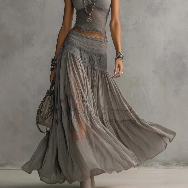 Ensemble chic 2 pièces pour femme : haut uni à manches courtes coupe ajustée avec empiècements en dentelle et jupe taille haute élastique à cordon de serrage
