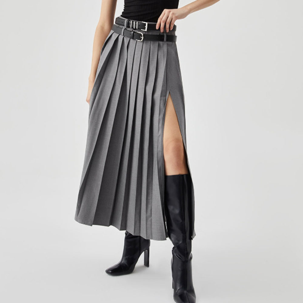 Jupe longue plissée noire à fente latérale pour femme, taille haute, sexy, été automne, Saia Feminina