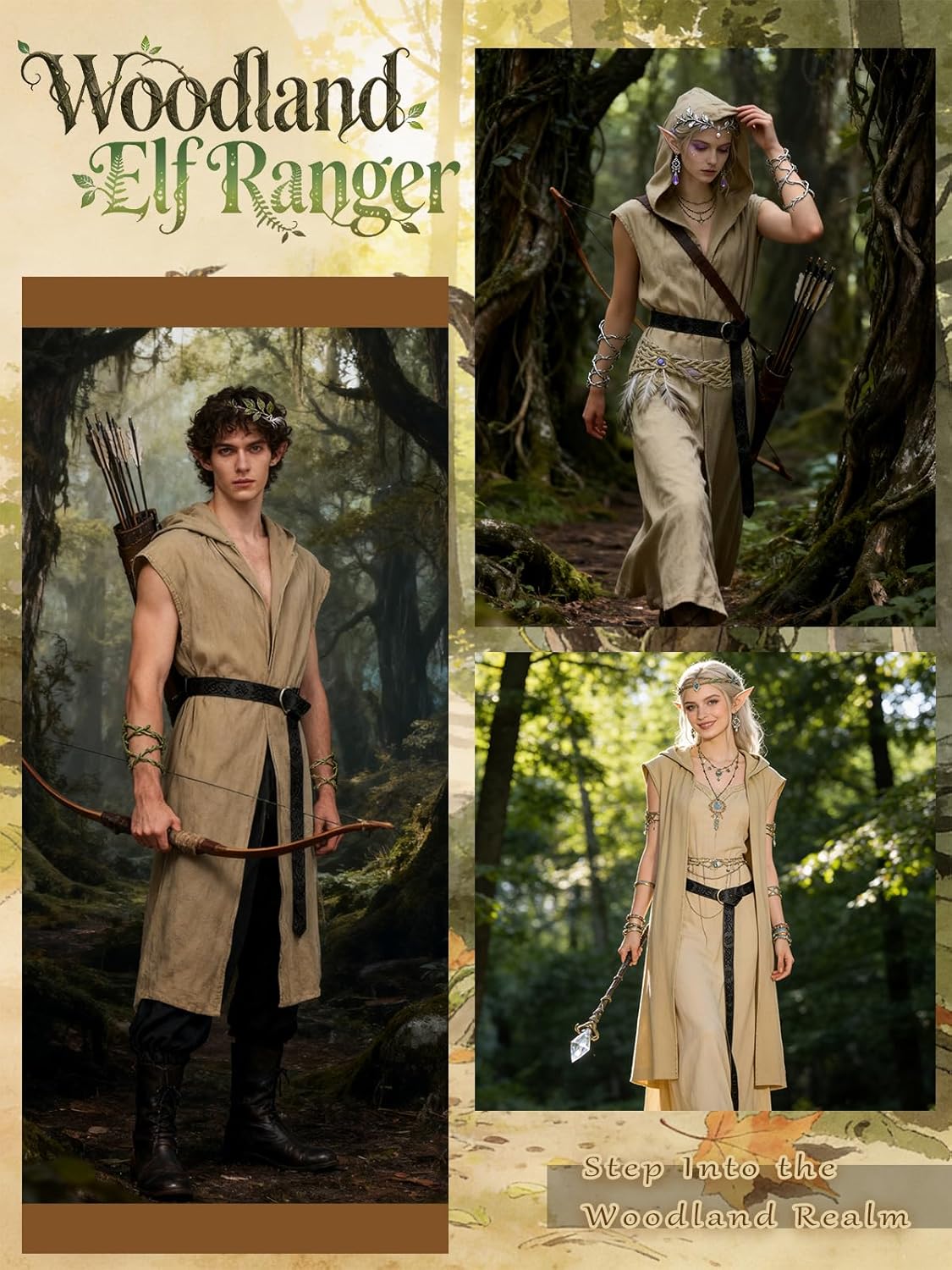 Ensemble de costumes Renaissance pour hommes – Costume médiéval/Renaissance pour hommes avec sur-manteau à capuche, ceinture en cuir et protège-bras