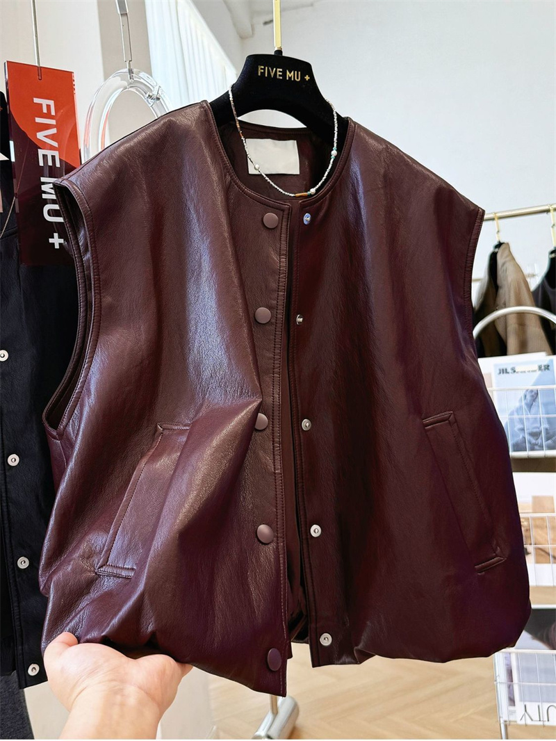 Gilet en cuir pour femmes, nouveau rétro décontracté, simple boutonnage, col rond, ample, avancé, nouvelle mode, gilet sans manches, manteau court