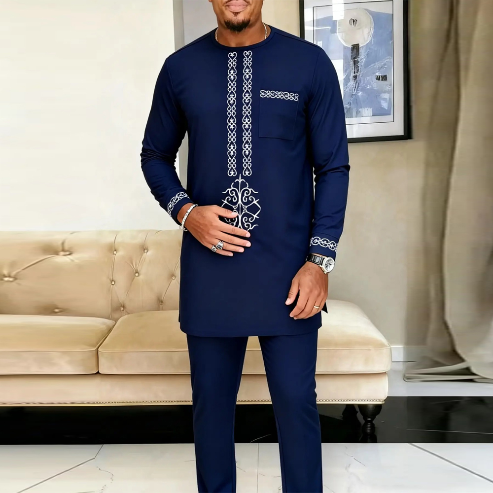 Ensemble de kaftan africain pour homme, manches longues, brodé, costume élégant de luxe, fête, mariage, vacances, ensemble de costumes musulmans pour homme, 2 pièces