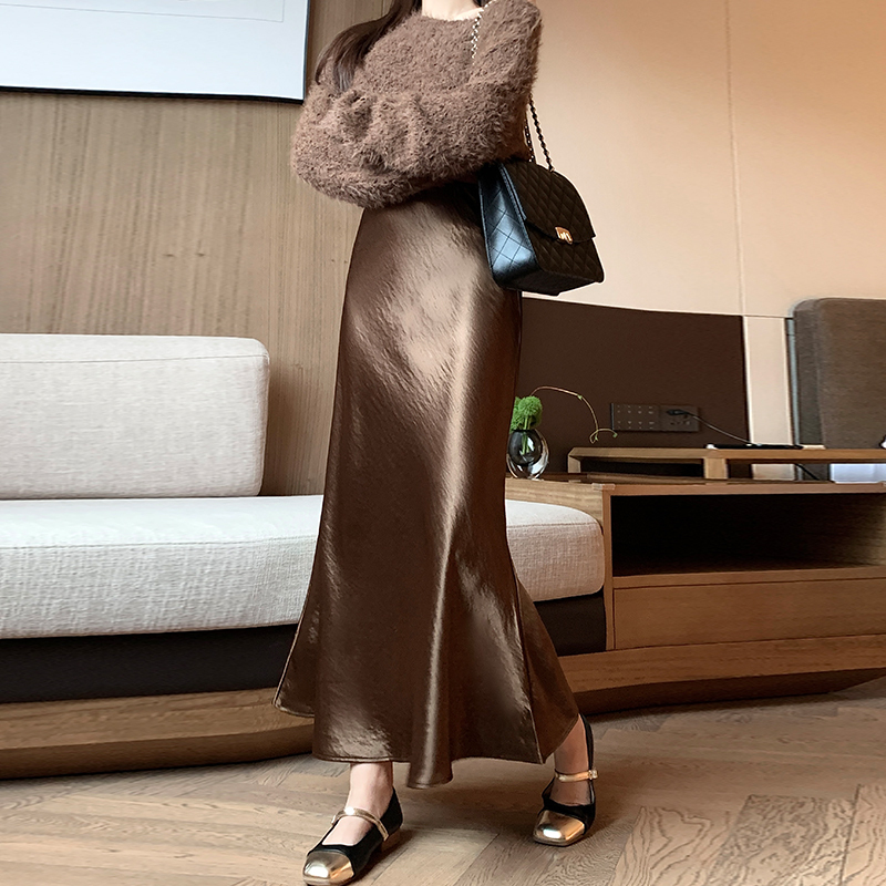 Jupe sirène taille haute en satin pour femme, jupe trapèze, longue, décontractée, élégante, coréenne, luxe, dames de bureau
