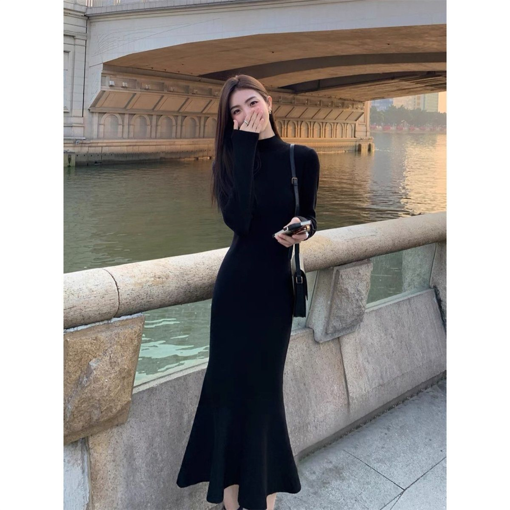 Robe Longue pour Femme, Tenue Vintage Élégante, Slim, Noire, pour Automne et Hiver