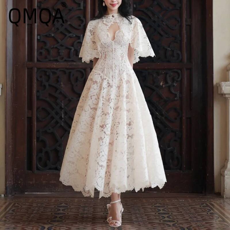 Robe de soirée élégante QMQA pour femme, broderie dentelle, taille haute, amincissante, avec châle, nouvelle collection 2026 QM1185